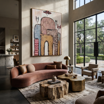 Hats Drift Through Stone - abstract cowboy figures painting by Savannah Reed, modern folk art vertical wall art – styled room scene view 2