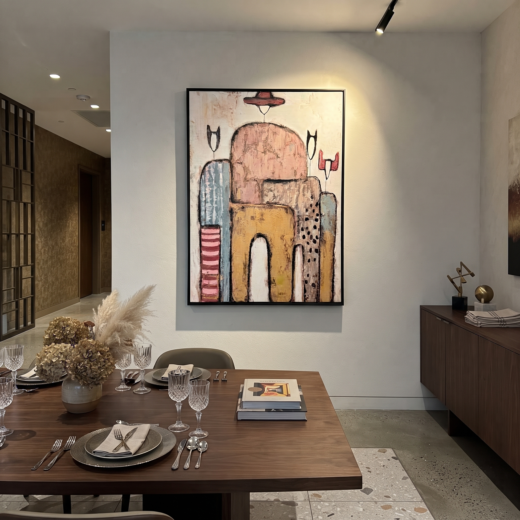 Hats Drift Through Stone - abstract cowboy figures painting by Savannah Reed, modern folk art vertical wall art – styled room scene view 3