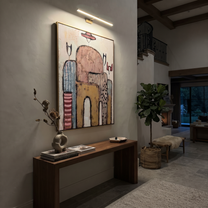 Hats Drift Through Stone - abstract cowboy figures painting by Savannah Reed, modern folk art vertical wall art – styled room scene view 4