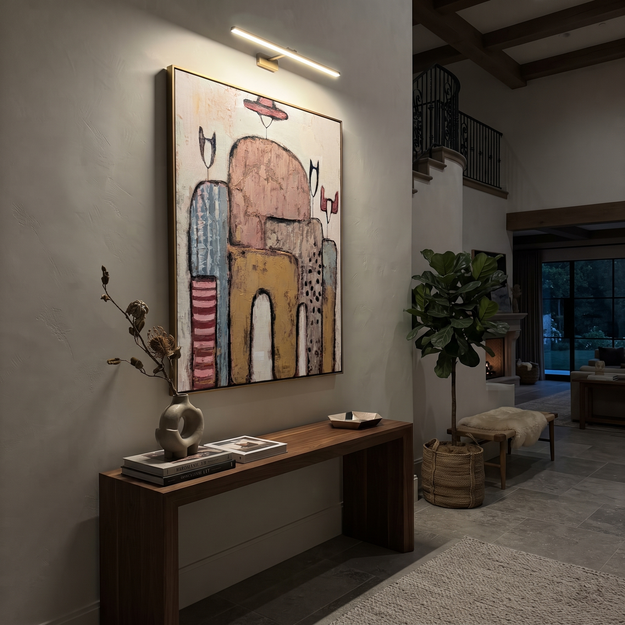 Hats Drift Through Stone - abstract cowboy figures painting by Savannah Reed, modern folk art vertical wall art – styled room scene view 4