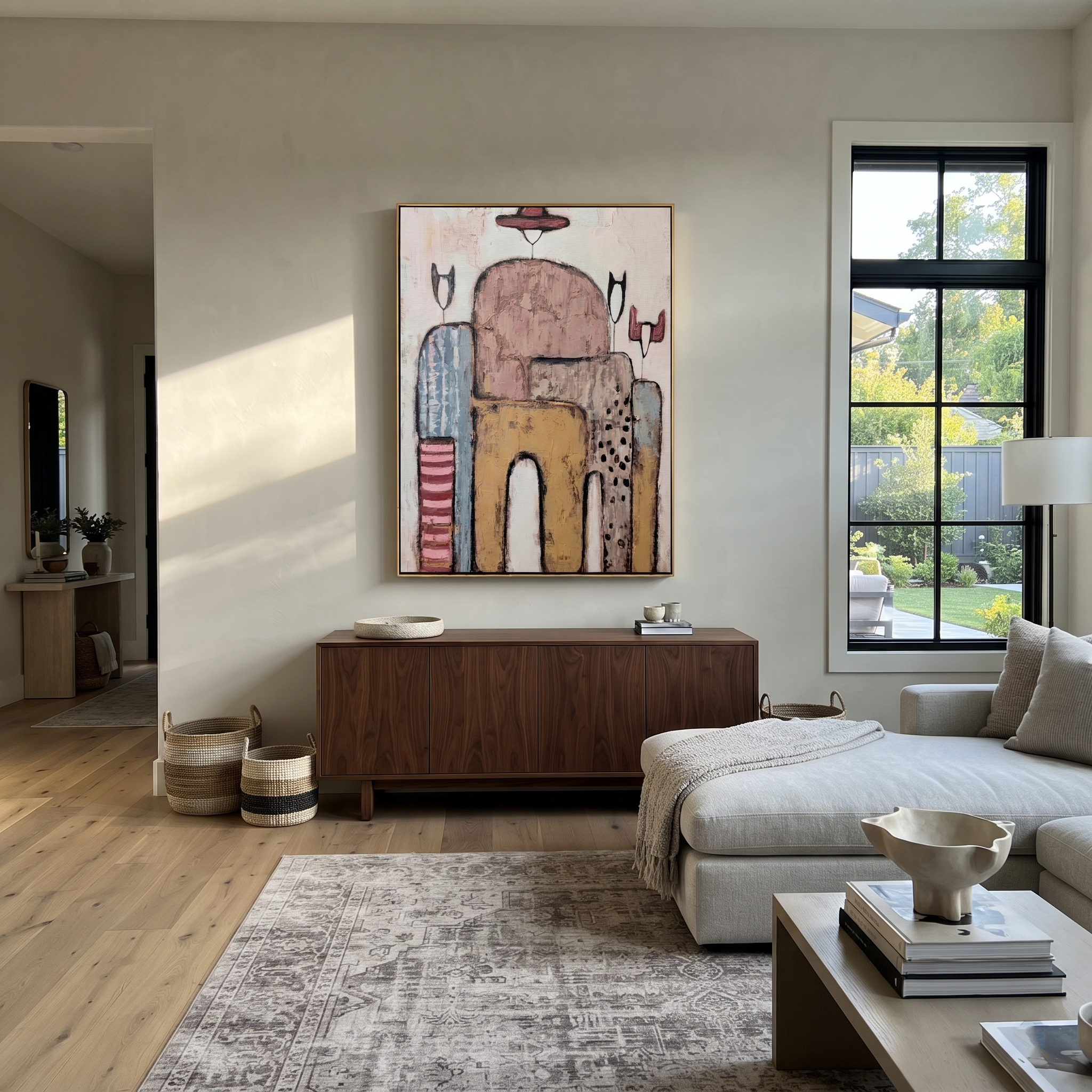 Hats Drift Through Stone - abstract cowboy figures painting by Savannah Reed, modern folk art vertical wall art – styled room scene view 5