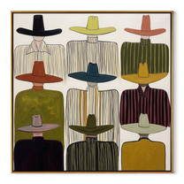 Nine Brims Hold Ivory - nine cowboy portrait painting by Savannah Reed, modern folk art square wall art – wood frame on white background