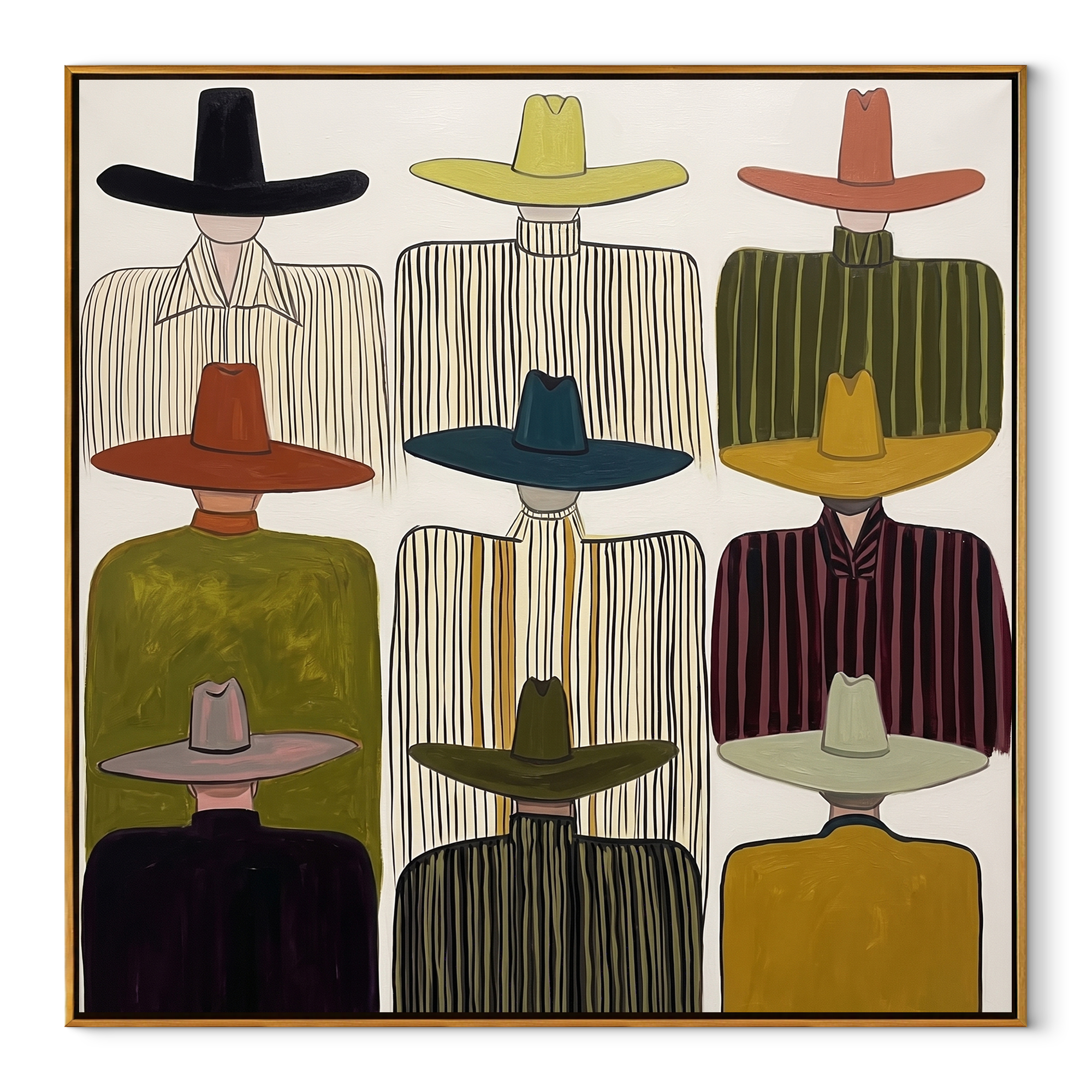 Nine Brims Hold Ivory - nine cowboy portrait painting by Savannah Reed, modern folk art square wall art – wood frame on white background