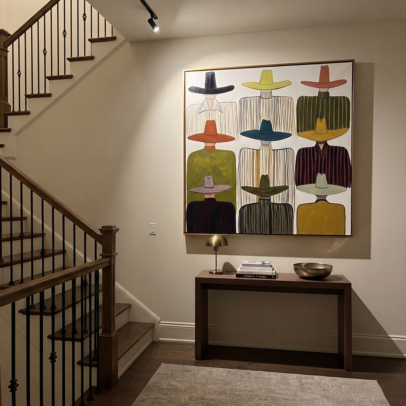 Nine Brims Hold Ivory - nine cowboy portrait painting by Savannah Reed, modern folk art square wall art – styled room scene view 2