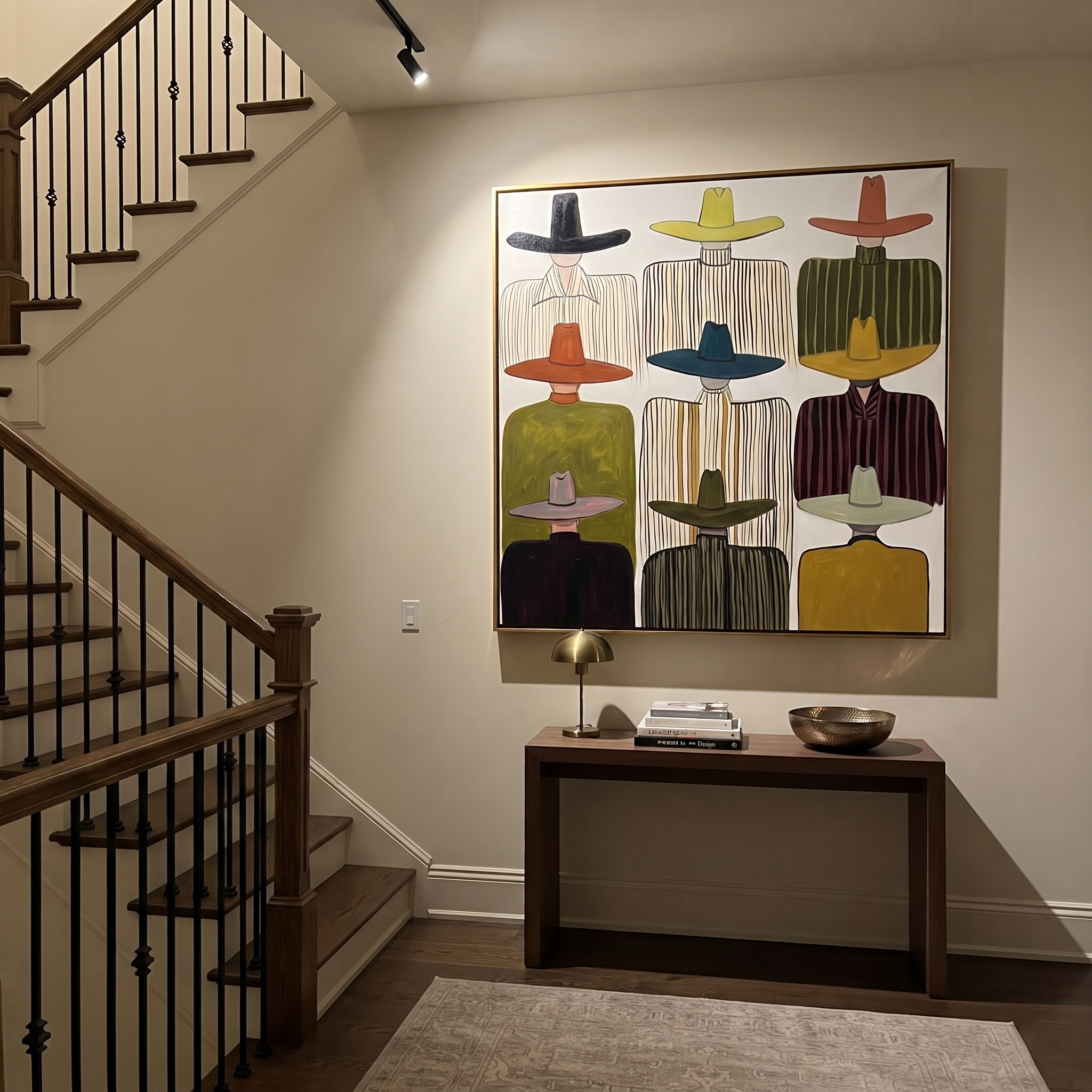 Nine Brims Hold Ivory - nine cowboy portrait painting by Savannah Reed, modern folk art square wall art – styled room scene view 2