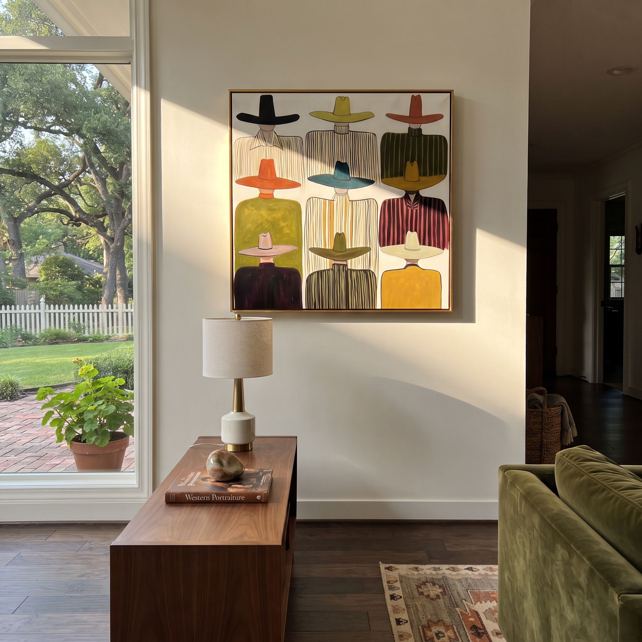 Nine Brims Hold Ivory - nine cowboy portrait painting by Savannah Reed, modern folk art square wall art – styled room scene view 3