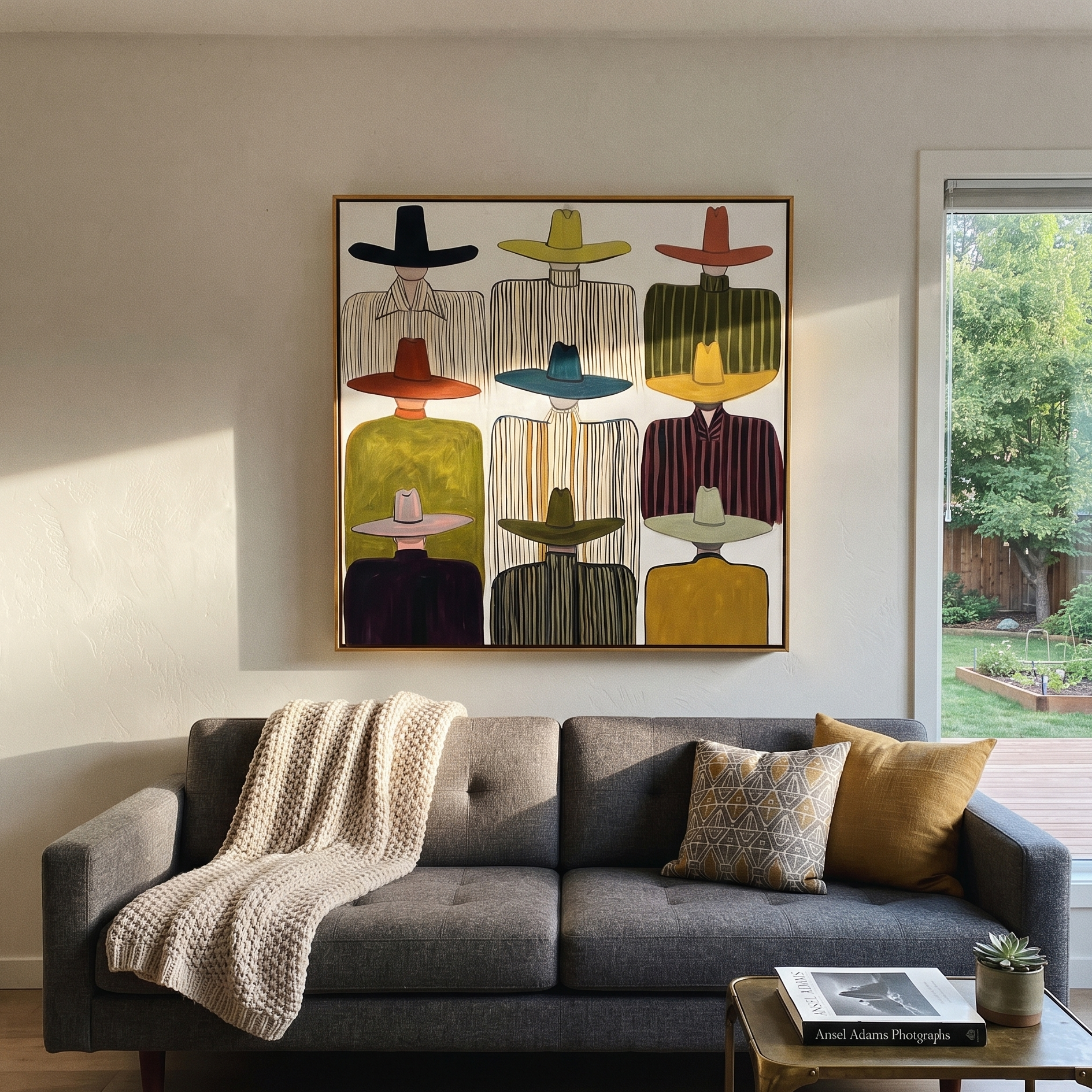Nine Brims Hold Ivory - nine cowboy portrait painting by Savannah Reed, modern folk art square wall art – styled room scene view 4