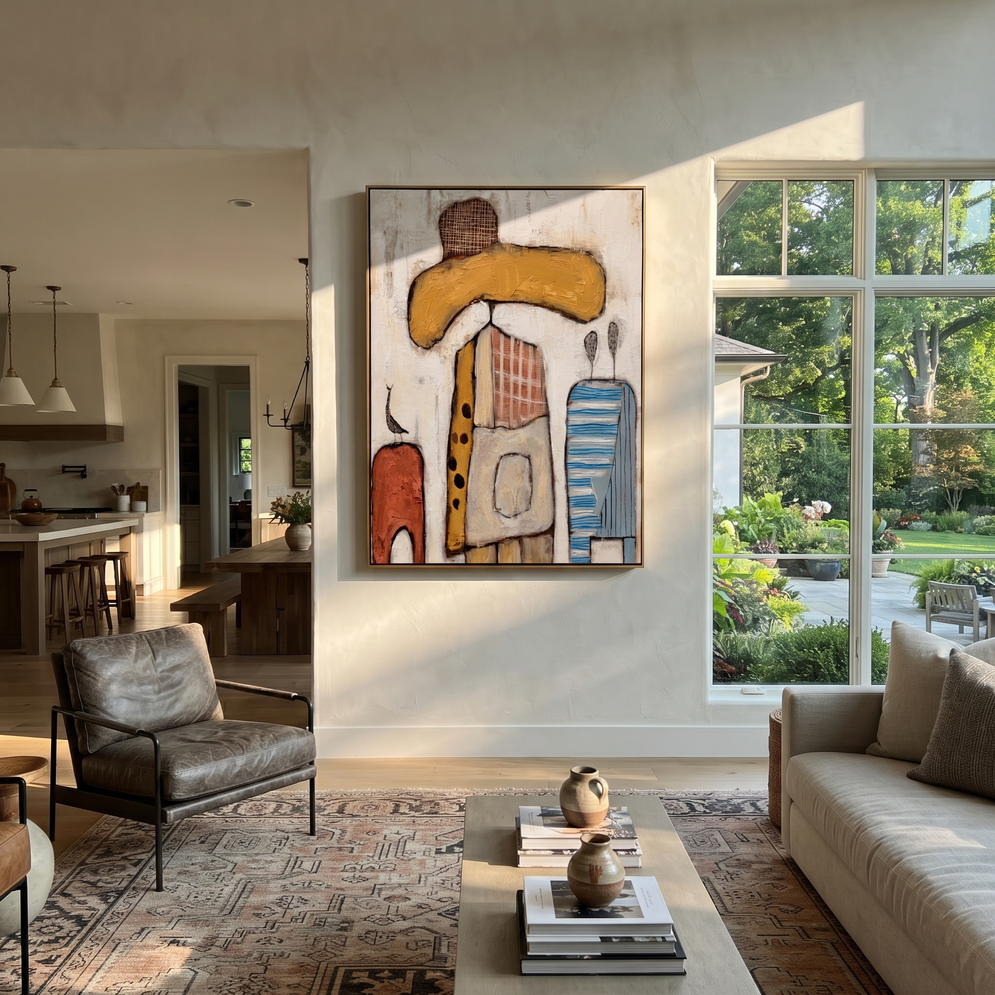 Ochre Brim Meets Blue - abstract cowboy figure painting by Savannah Reed, modern folk art vertical wall art – styled room scene view 1