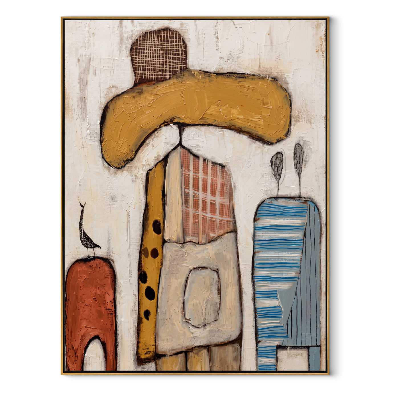Ochre Brim Meets Blue - abstract cowboy figure painting by Savannah Reed, modern folk art vertical wall art – wood frame on white background
