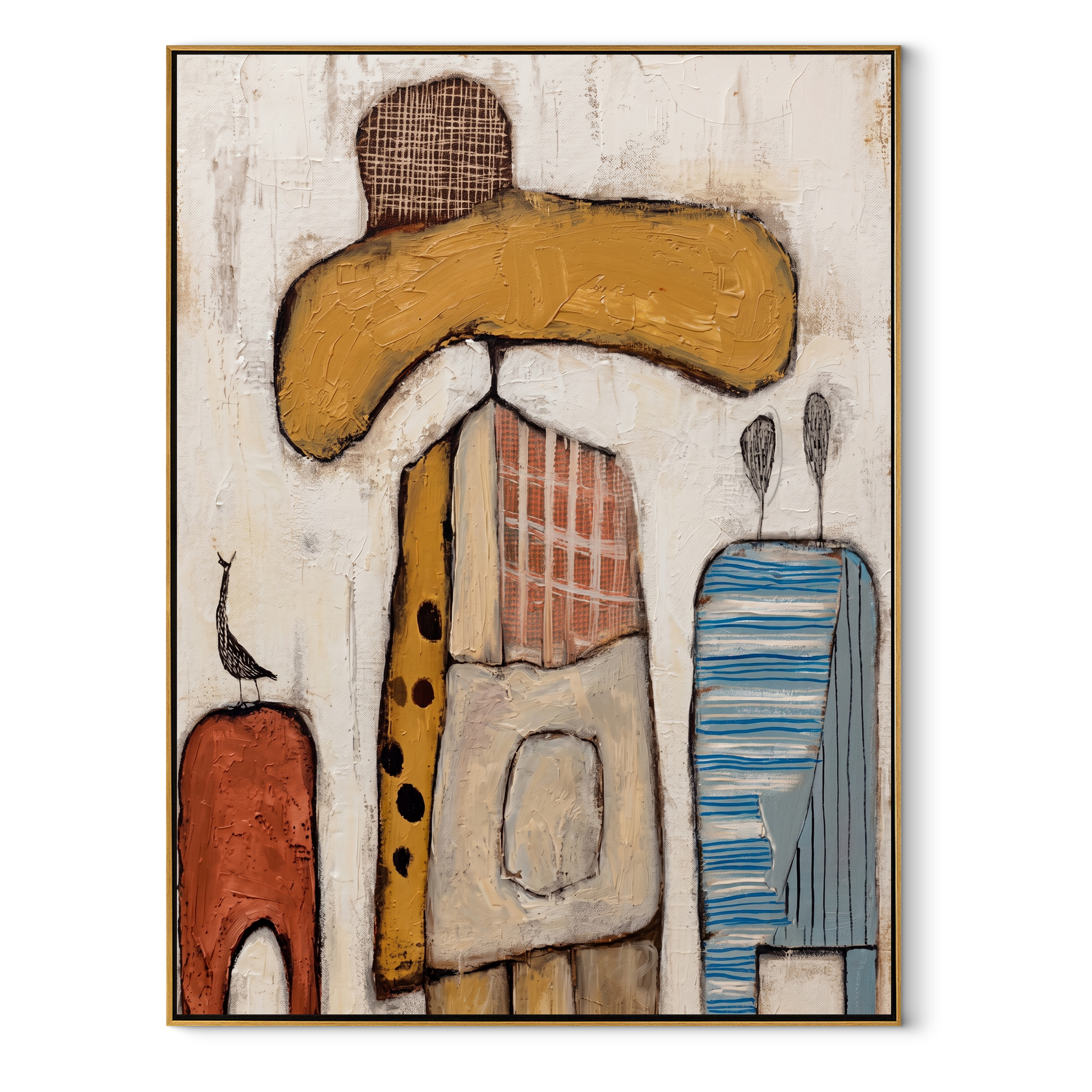 Ochre Brim Meets Blue - abstract cowboy figure painting by Savannah Reed, modern folk art vertical wall art – wood frame on white background