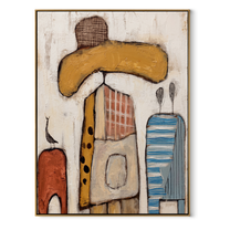 Ochre Brim Meets Blue - abstract cowboy figure painting by Savannah Reed, modern folk art vertical wall art – wood frame on white background