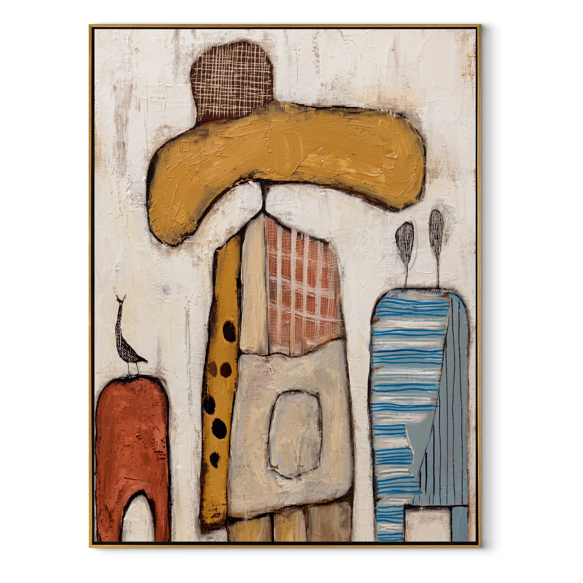 Ochre Brim Meets Blue - abstract cowboy figure painting by Savannah Reed, modern folk art vertical wall art – wood frame on white background