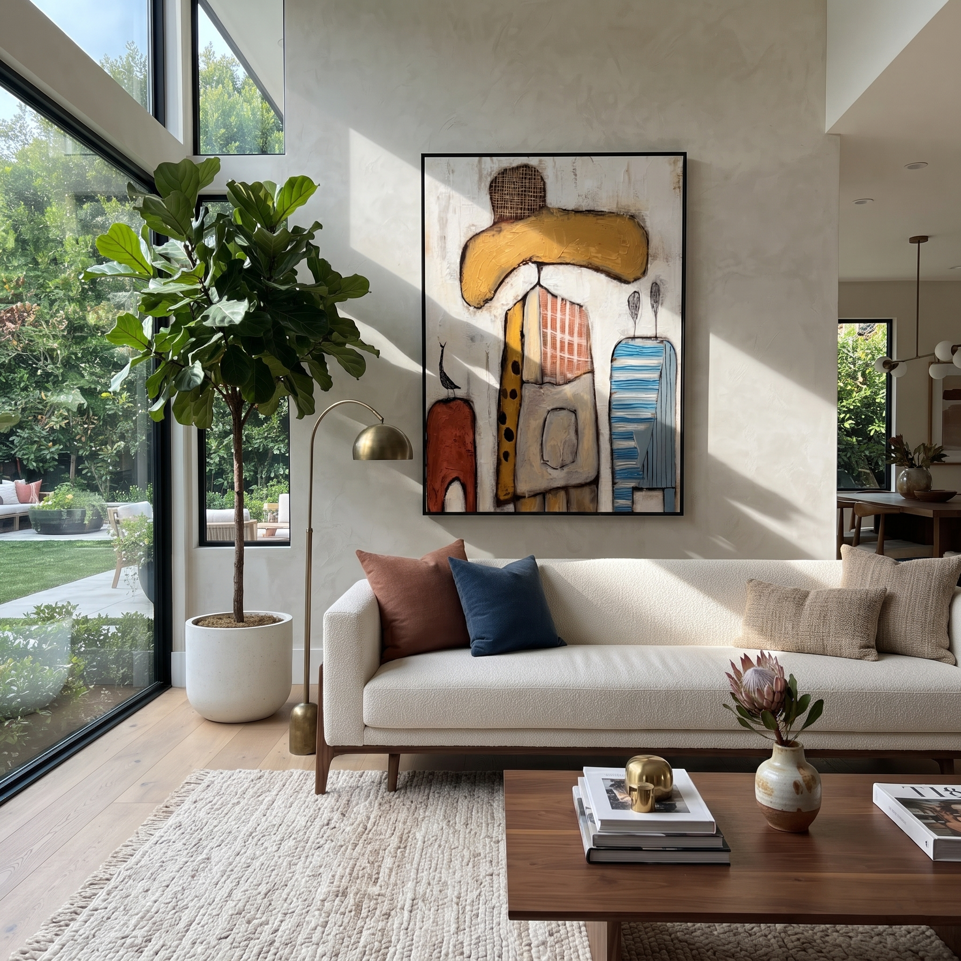 Ochre Brim Meets Blue - abstract cowboy figure painting by Savannah Reed, modern folk art vertical wall art – styled room scene view 2