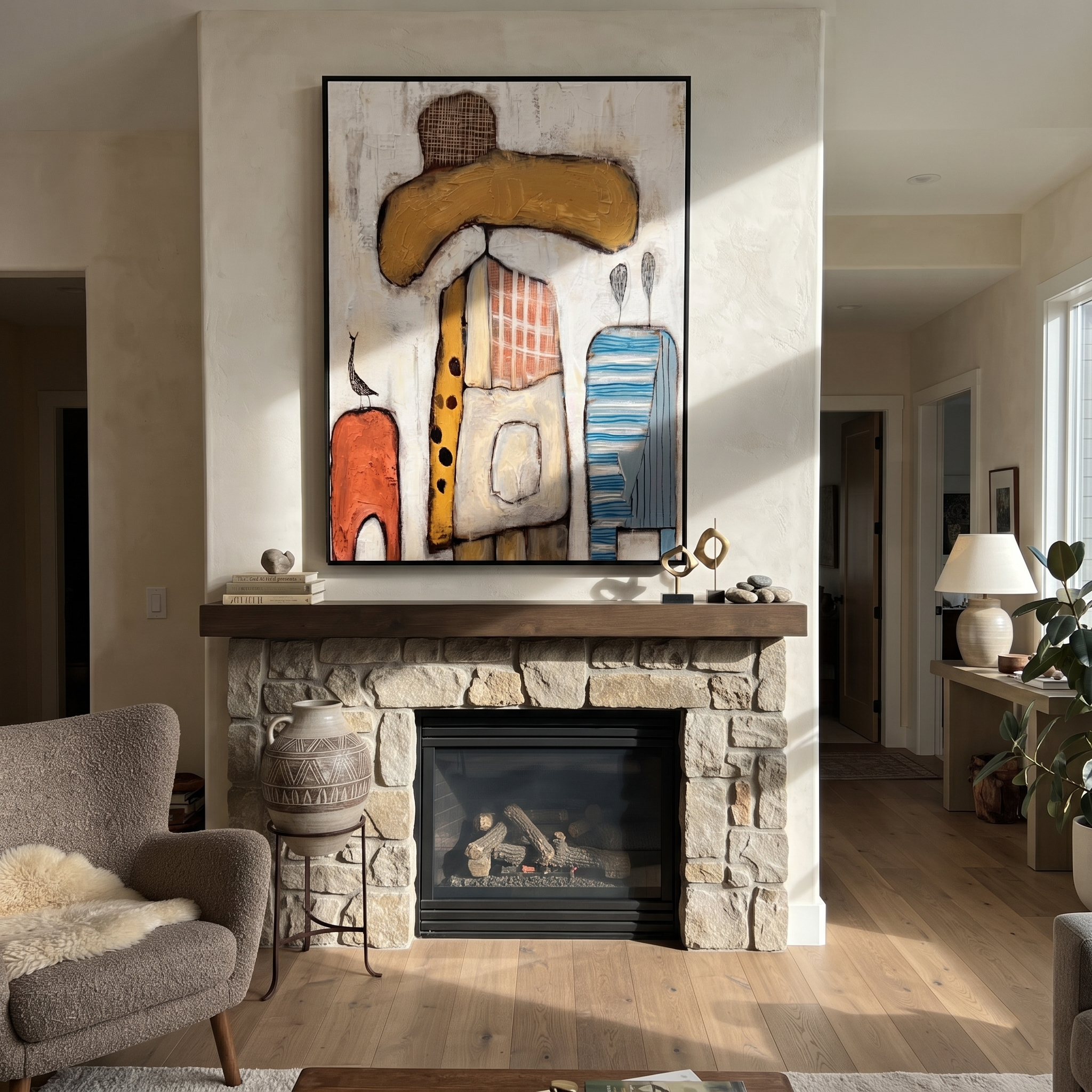 Ochre Brim Meets Blue - abstract cowboy figure painting by Savannah Reed, modern folk art vertical wall art – styled room scene view 3