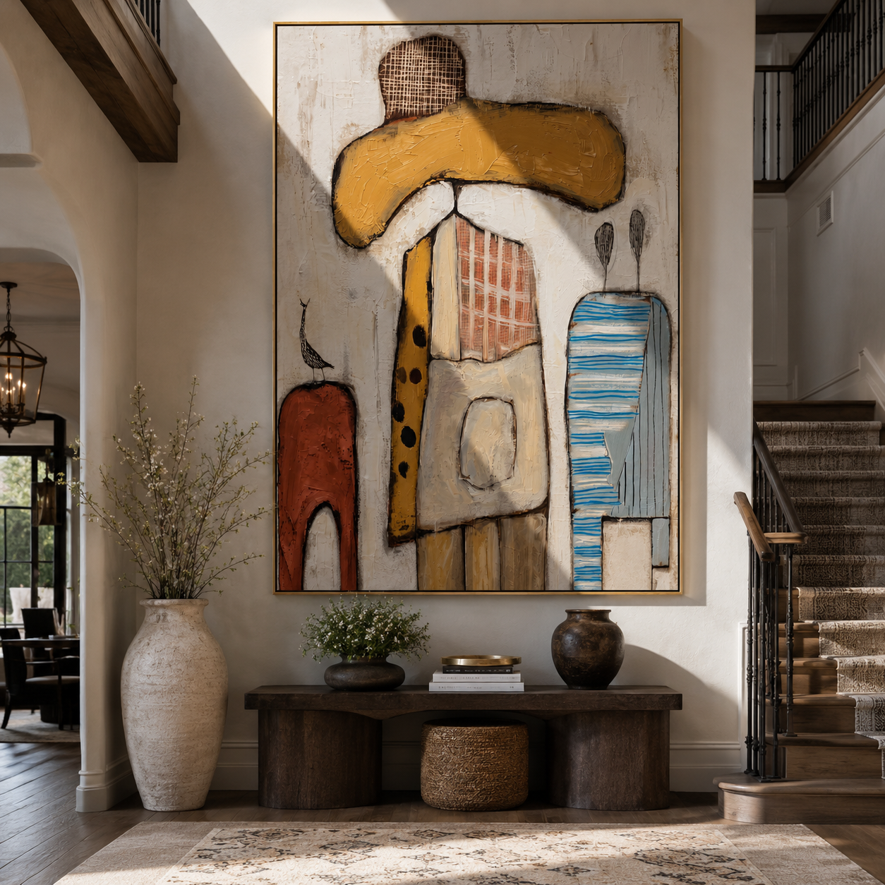 Ochre Brim Meets Blue - abstract cowboy figure painting by Savannah Reed, modern folk art vertical wall art – styled room scene view 4