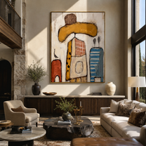 Ochre Brim Meets Blue - abstract cowboy figure painting by Savannah Reed, modern folk art vertical wall art – styled room scene view 5