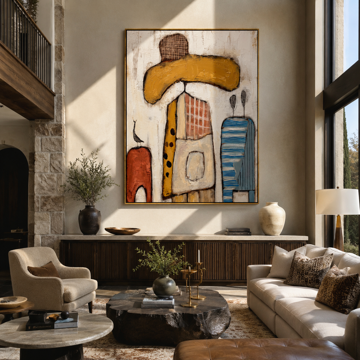 Ochre Brim Meets Blue - abstract cowboy figure painting by Savannah Reed, modern folk art vertical wall art – styled room scene view 5