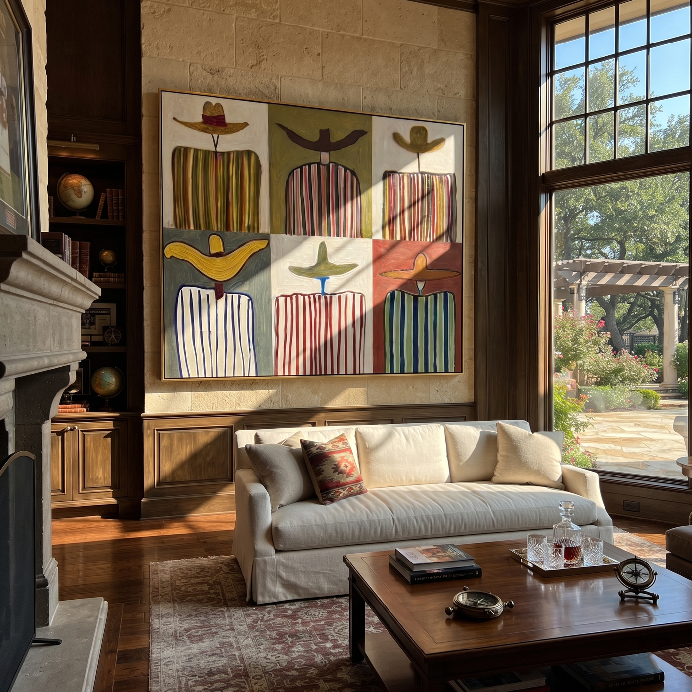 Six Stripes Share Horizons - six cowboy panel painting by Savannah Reed, modern folk art horizontal wall art – styled room scene view 1