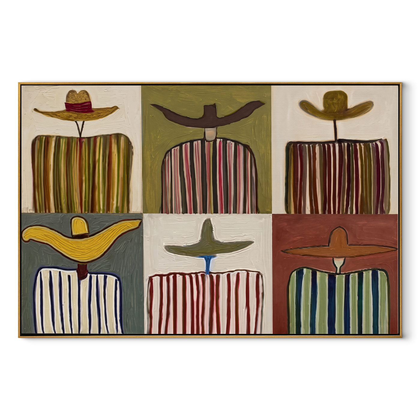 Six Stripes Share Horizons - six cowboy panel painting by Savannah Reed, modern folk art horizontal wall art – wood frame on white background