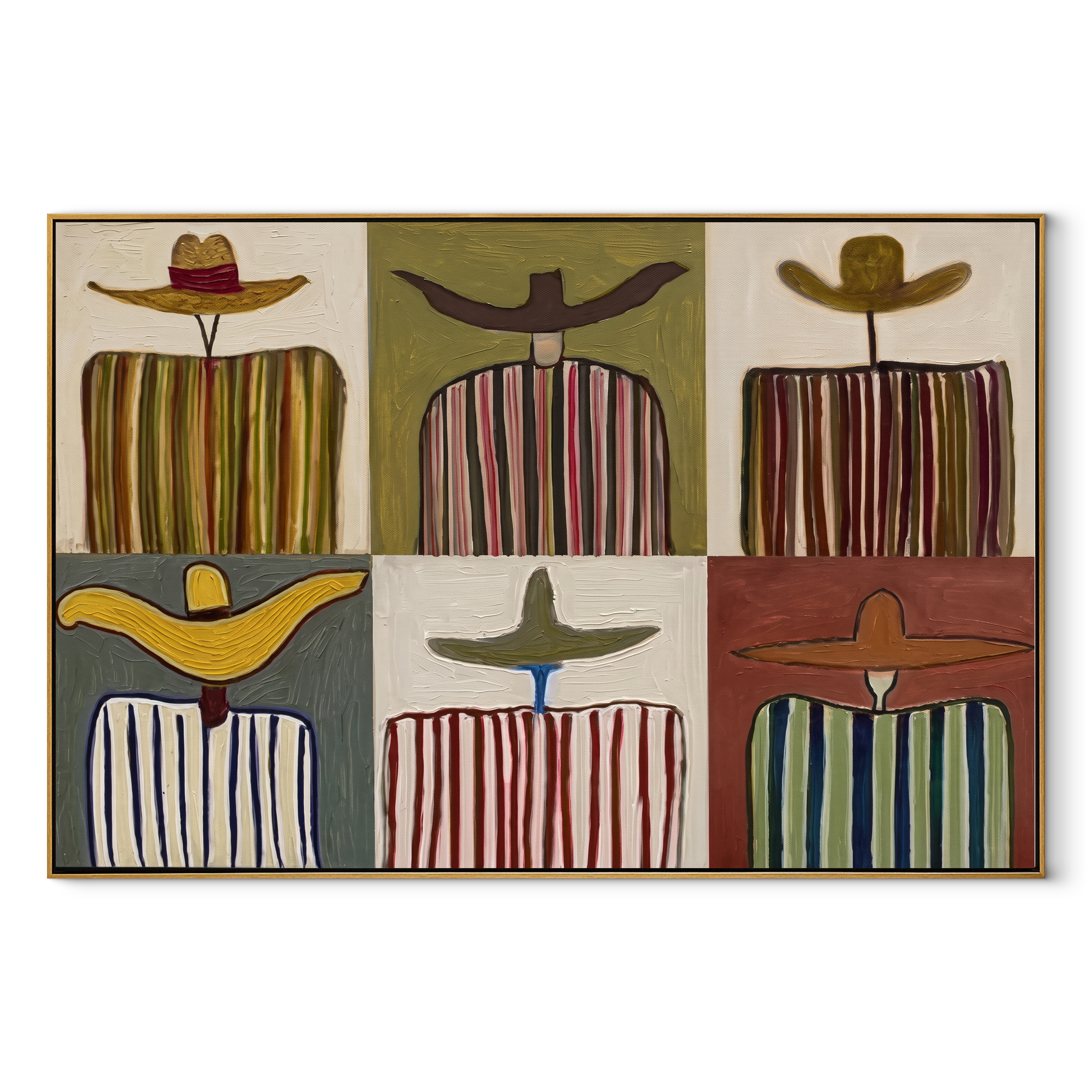 Six Stripes Share Horizons - six cowboy panel painting by Savannah Reed, modern folk art horizontal wall art – wood frame on white background