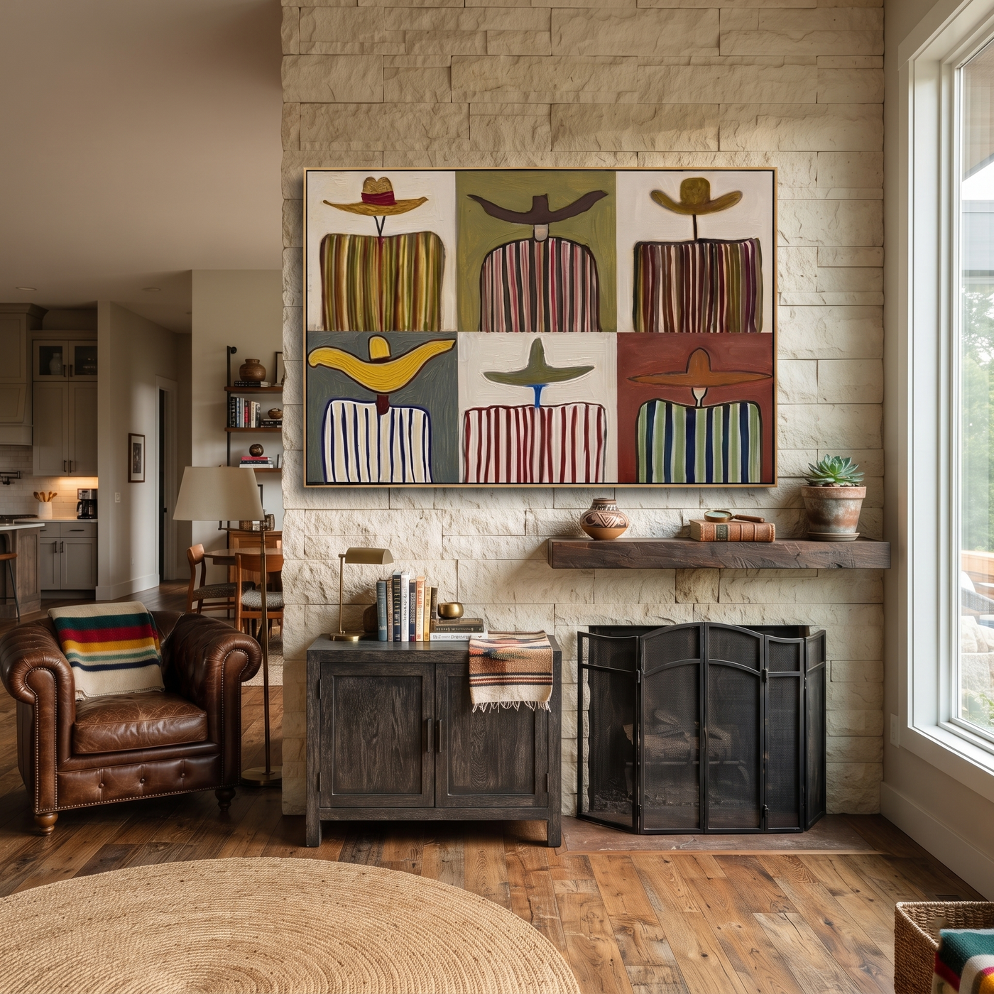 Six Stripes Share Horizons - six cowboy panel painting by Savannah Reed, modern folk art horizontal wall art – styled room scene view 2