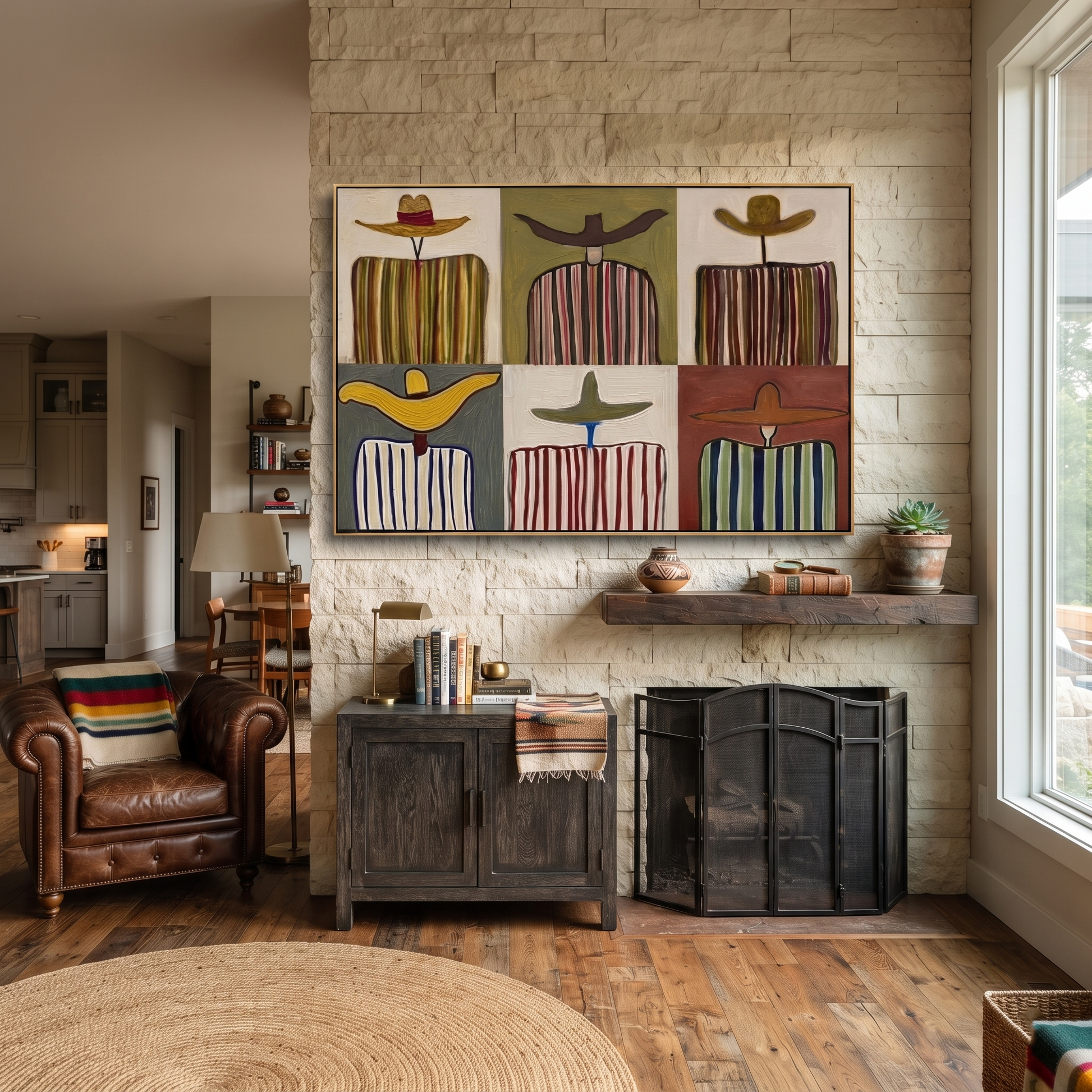 Six Stripes Share Horizons - six cowboy panel painting by Savannah Reed, modern folk art horizontal wall art – styled room scene view 2