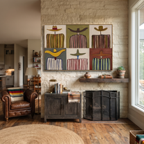 Six Stripes Share Horizons - six cowboy panel painting by Savannah Reed, modern folk art horizontal wall art – styled room scene view 2