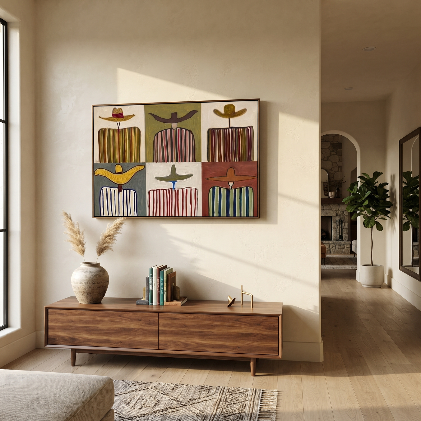 Six Stripes Share Horizons - six cowboy panel painting by Savannah Reed, modern folk art horizontal wall art – styled room scene view 3