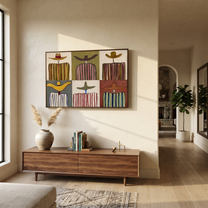 Six Stripes Share Horizons - six cowboy panel painting by Savannah Reed, modern folk art horizontal wall art – styled room scene view 3