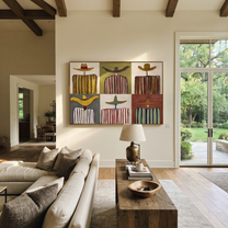 Six Stripes Share Horizons - six cowboy panel painting by Savannah Reed, modern folk art horizontal wall art – styled room scene view 4