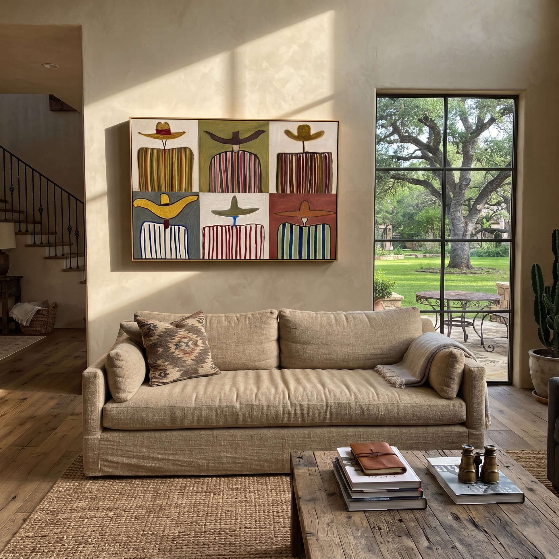 Six Stripes Share Horizons - six cowboy panel painting by Savannah Reed, modern folk art horizontal wall art – styled room scene view 5