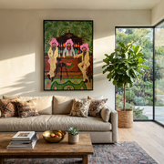 Pink Hats Keep Bar - three cowboys barroom painting by Savannah Reed, modern folk art vertical wall art – styled room scene view 1