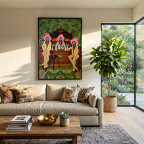 Pink Hats Keep Bar - three cowboys barroom painting by Savannah Reed, modern folk art vertical wall art – styled room scene view 1