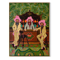 Pink Hats Keep Bar - three cowboys barroom painting by Savannah Reed, modern folk art vertical wall art – wood frame on white background