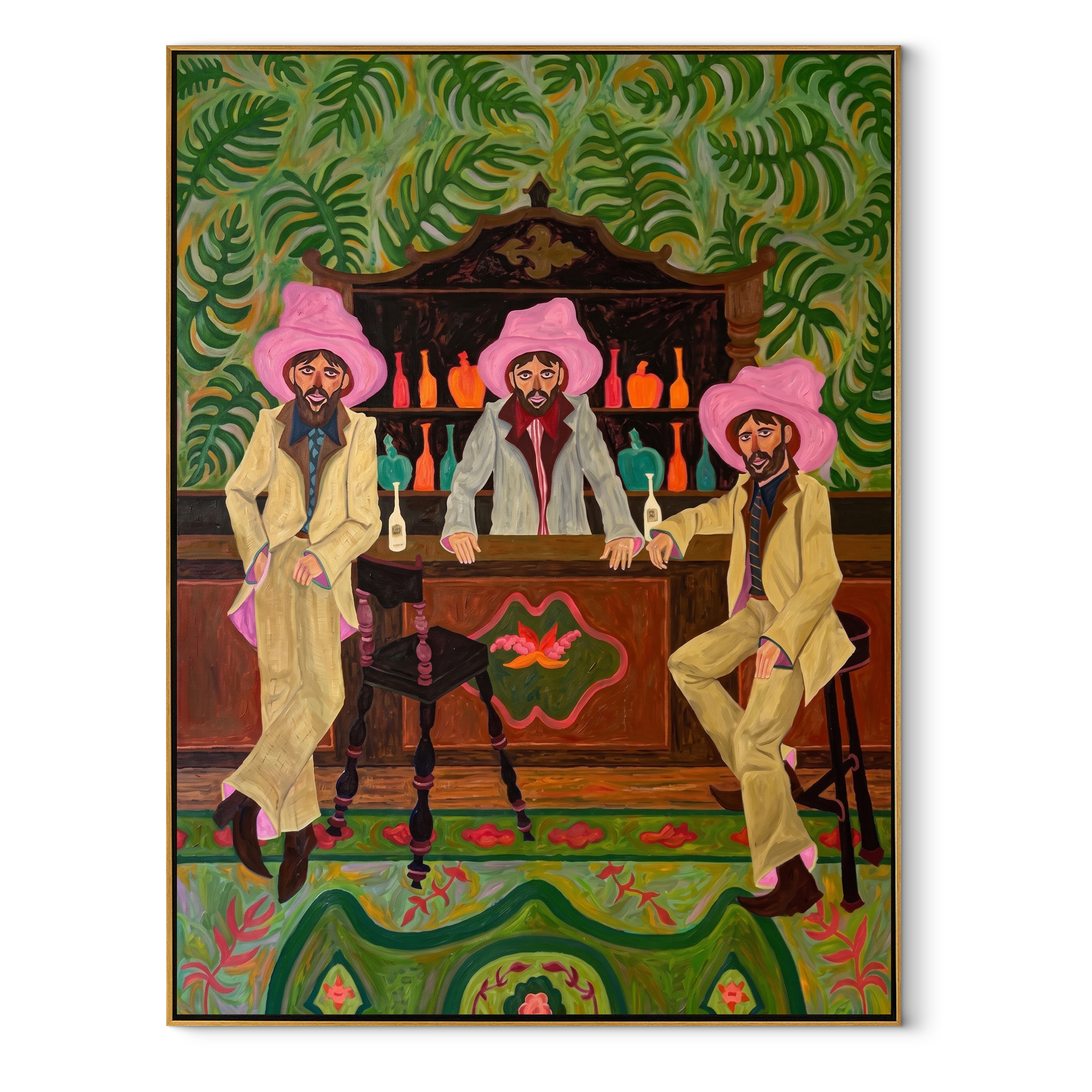 Pink Hats Keep Bar - three cowboys barroom painting by Savannah Reed, modern folk art vertical wall art – wood frame on white background