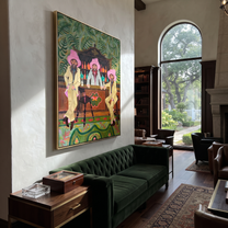 Pink Hats Keep Bar - three cowboys barroom painting by Savannah Reed, modern folk art vertical wall art – styled room scene view 2