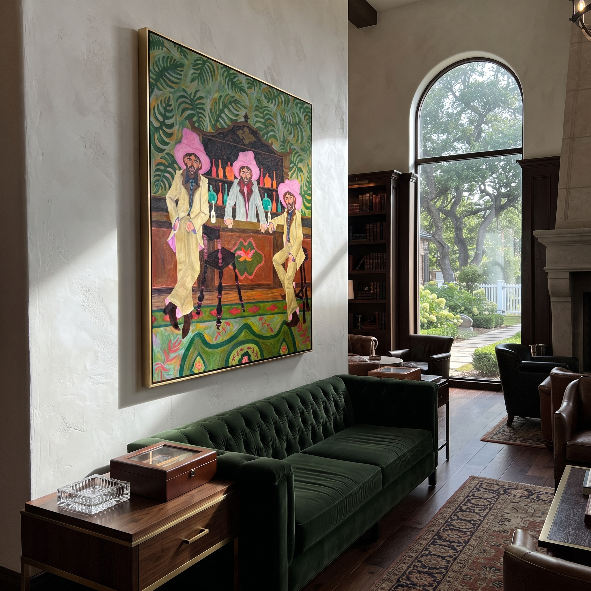 Pink Hats Keep Bar - three cowboys barroom painting by Savannah Reed, modern folk art vertical wall art – styled room scene view 2