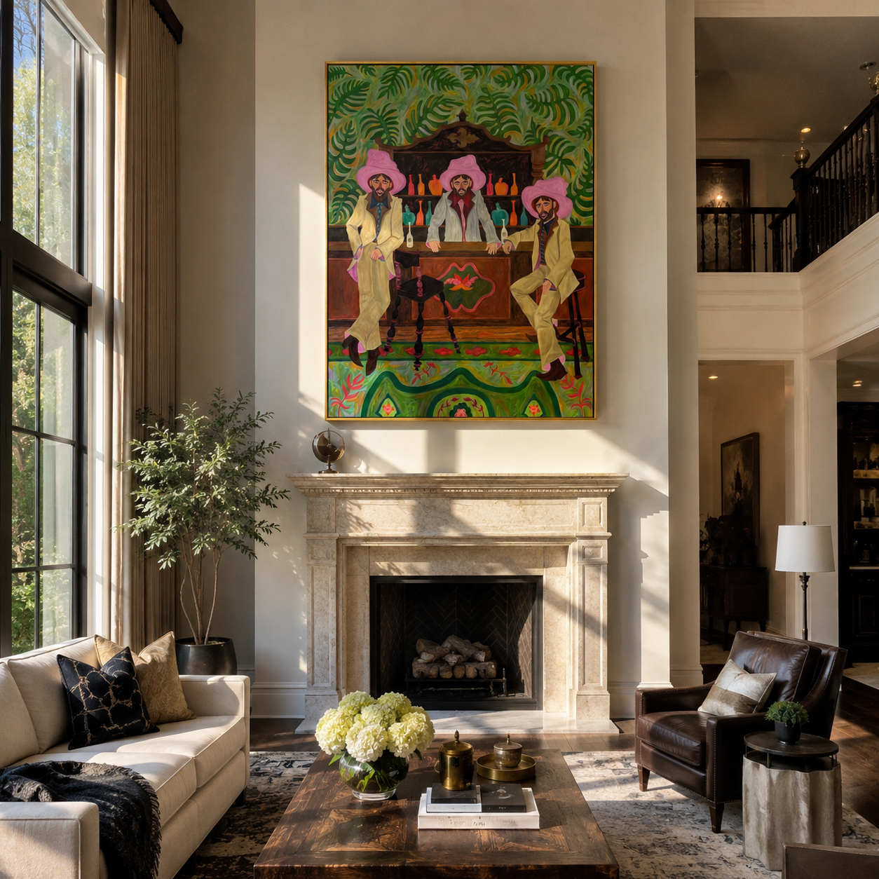 Pink Hats Keep Bar - three cowboys barroom painting by Savannah Reed, modern folk art vertical wall art – styled room scene view 3