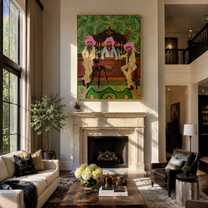 Pink Hats Keep Bar - three cowboys barroom painting by Savannah Reed, modern folk art vertical wall art – styled room scene view 3