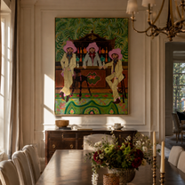 Pink Hats Keep Bar - three cowboys barroom painting by Savannah Reed, modern folk art vertical wall art – styled room scene view 4