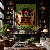 Pink Hats Keep Bar - three cowboys barroom painting by Savannah Reed, modern folk art vertical wall art – styled room scene view 5