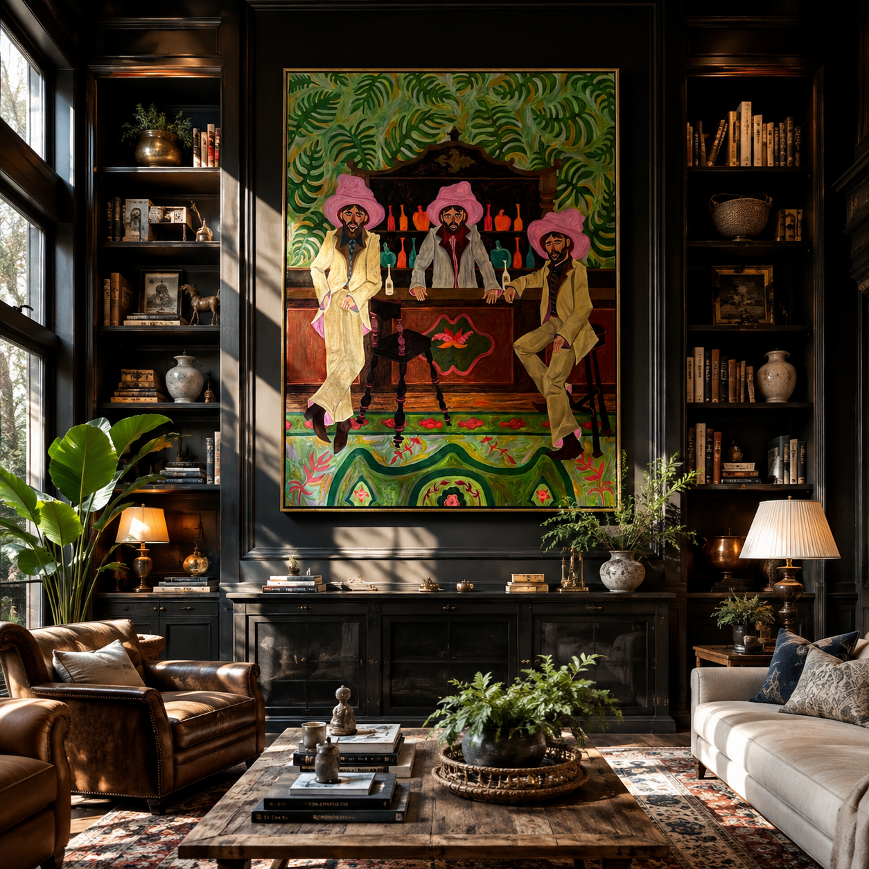 Pink Hats Keep Bar - three cowboys barroom painting by Savannah Reed, modern folk art vertical wall art – styled room scene view 5