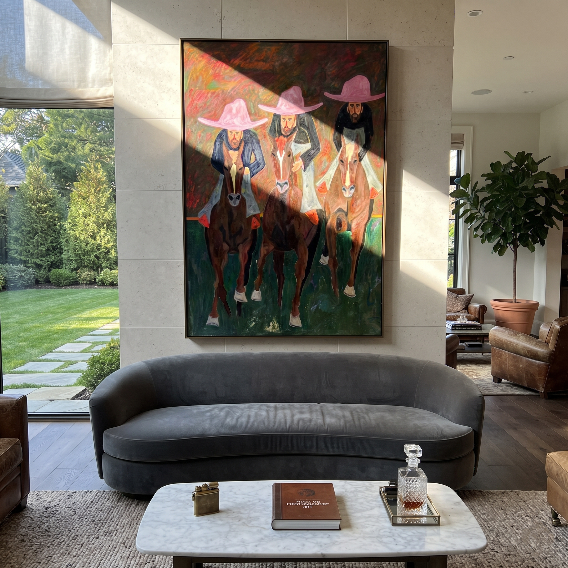 Three Riders Charge Green - three horse riders painting by Savannah Reed, modern folk art vertical wall art – styled room scene view 1