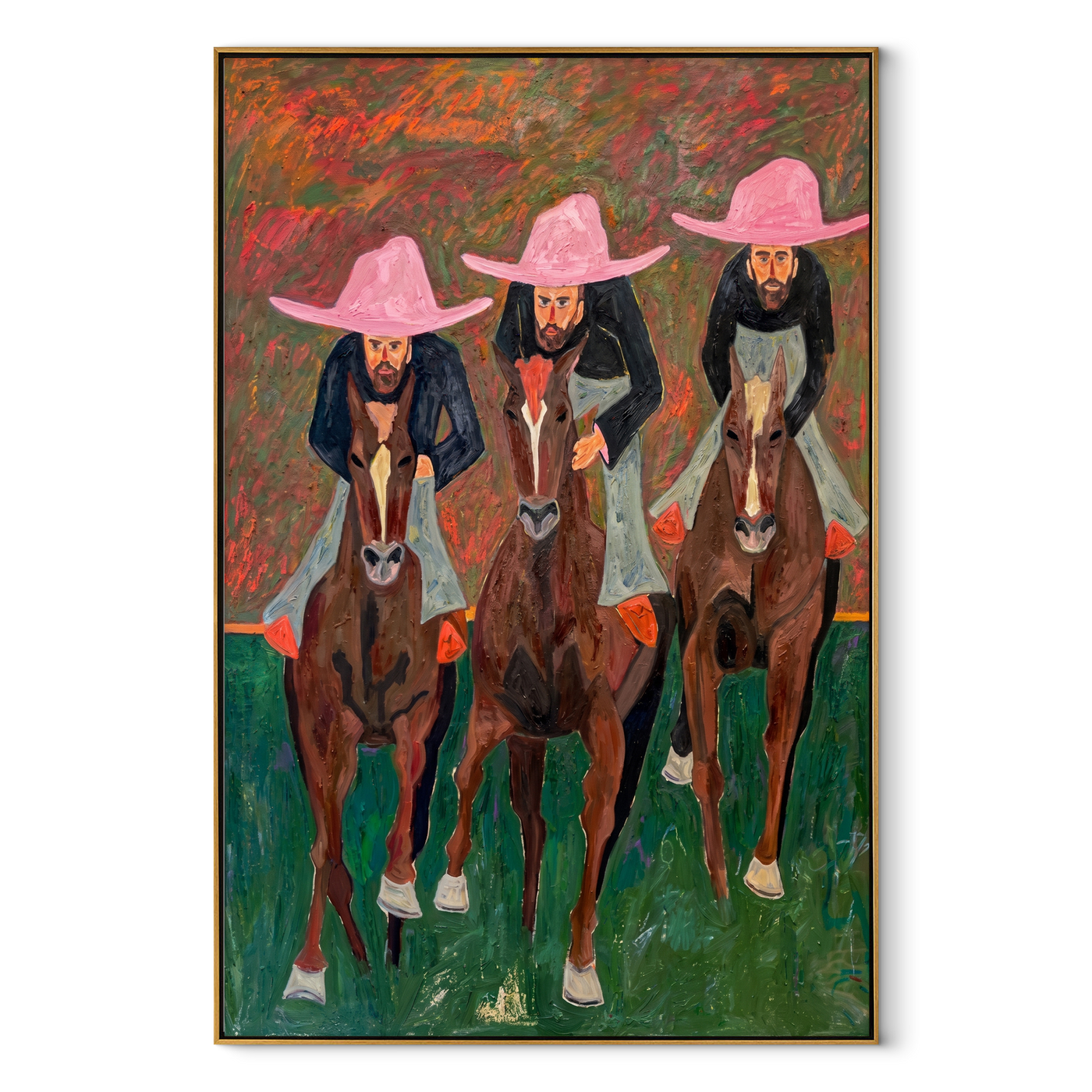 Three Riders Charge Green - three horse riders painting by Savannah Reed, modern folk art vertical wall art – wood frame on white background