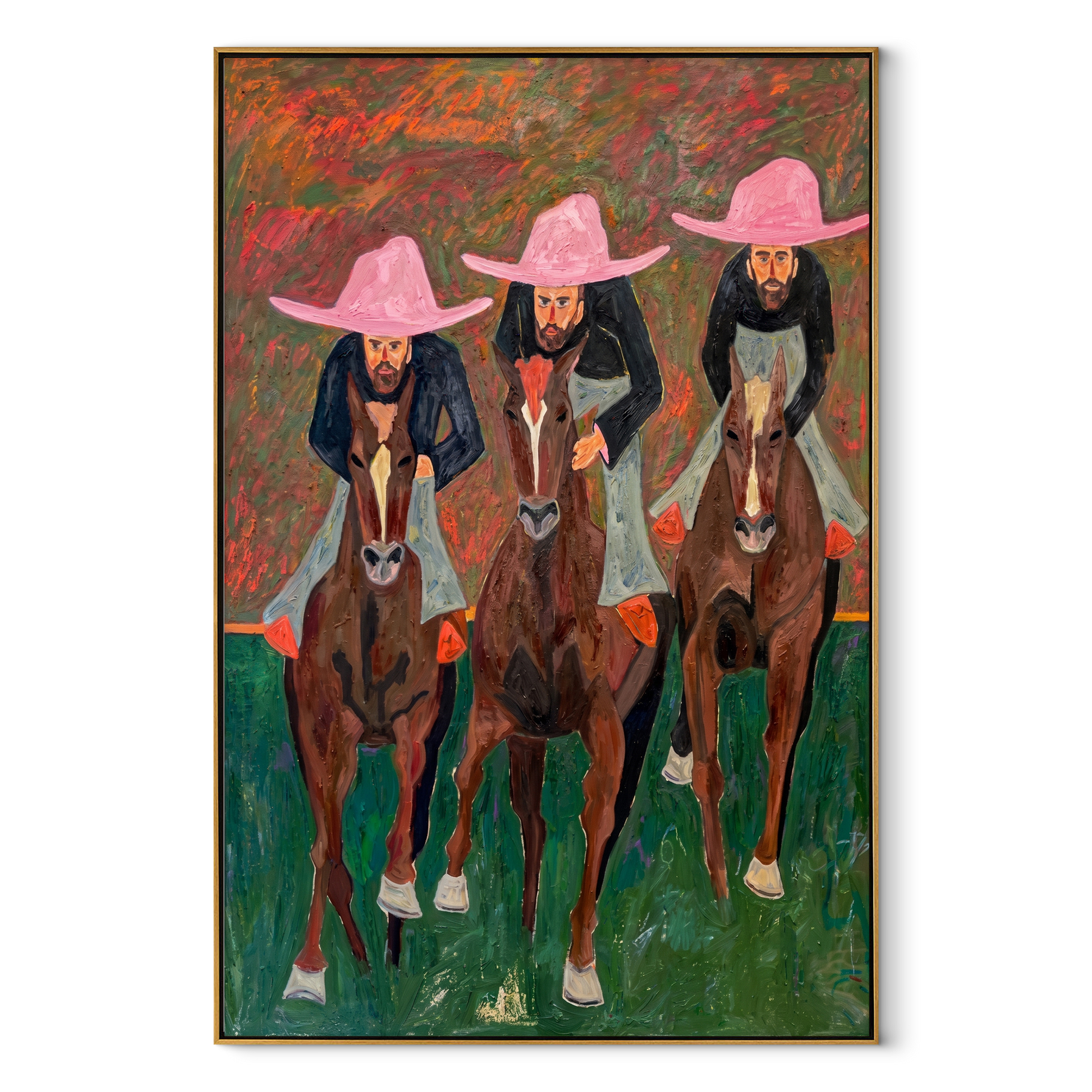 Three Riders Charge Green - three horse riders painting by Savannah Reed, modern folk art vertical wall art – wood frame on white background