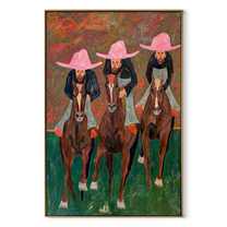 Three Riders Charge Green - three horse riders painting by Savannah Reed, modern folk art vertical wall art – wood frame on white background