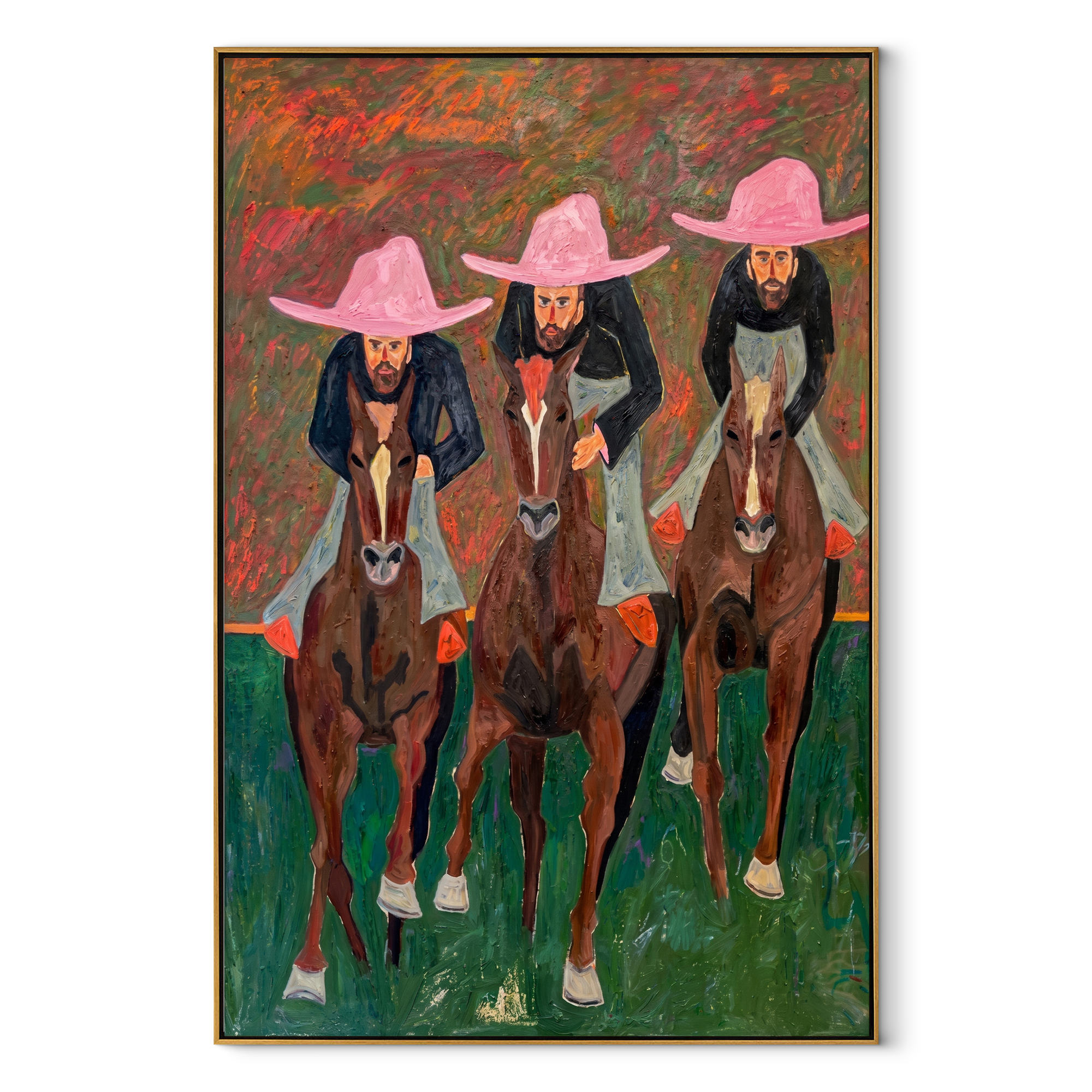 Three Riders Charge Green - three horse riders painting by Savannah Reed, modern folk art vertical wall art – wood frame on white background