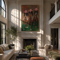 Three Riders Charge Green - three horse riders painting by Savannah Reed, modern folk art vertical wall art – styled room scene view 2