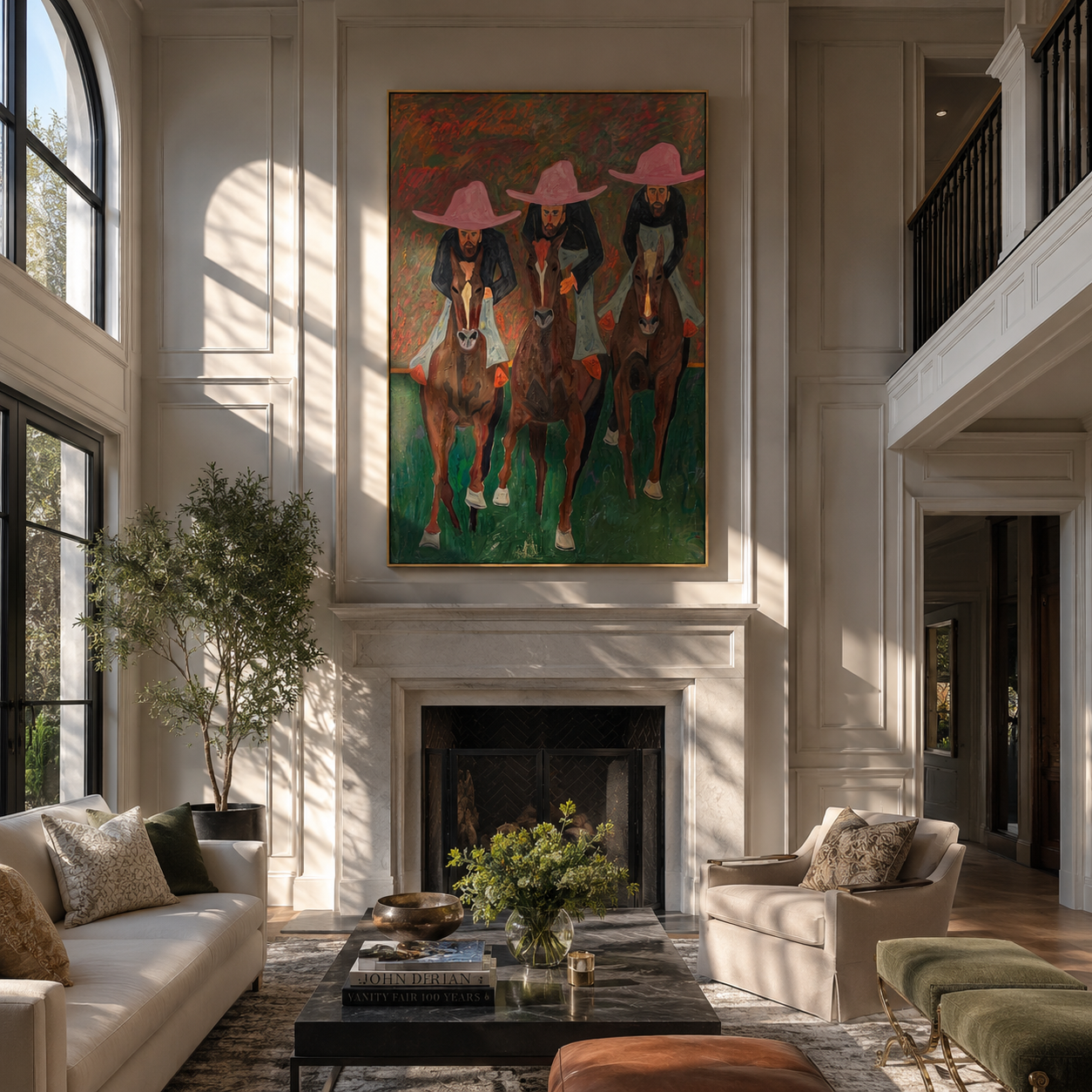 Three Riders Charge Green - three horse riders painting by Savannah Reed, modern folk art vertical wall art – styled room scene view 2