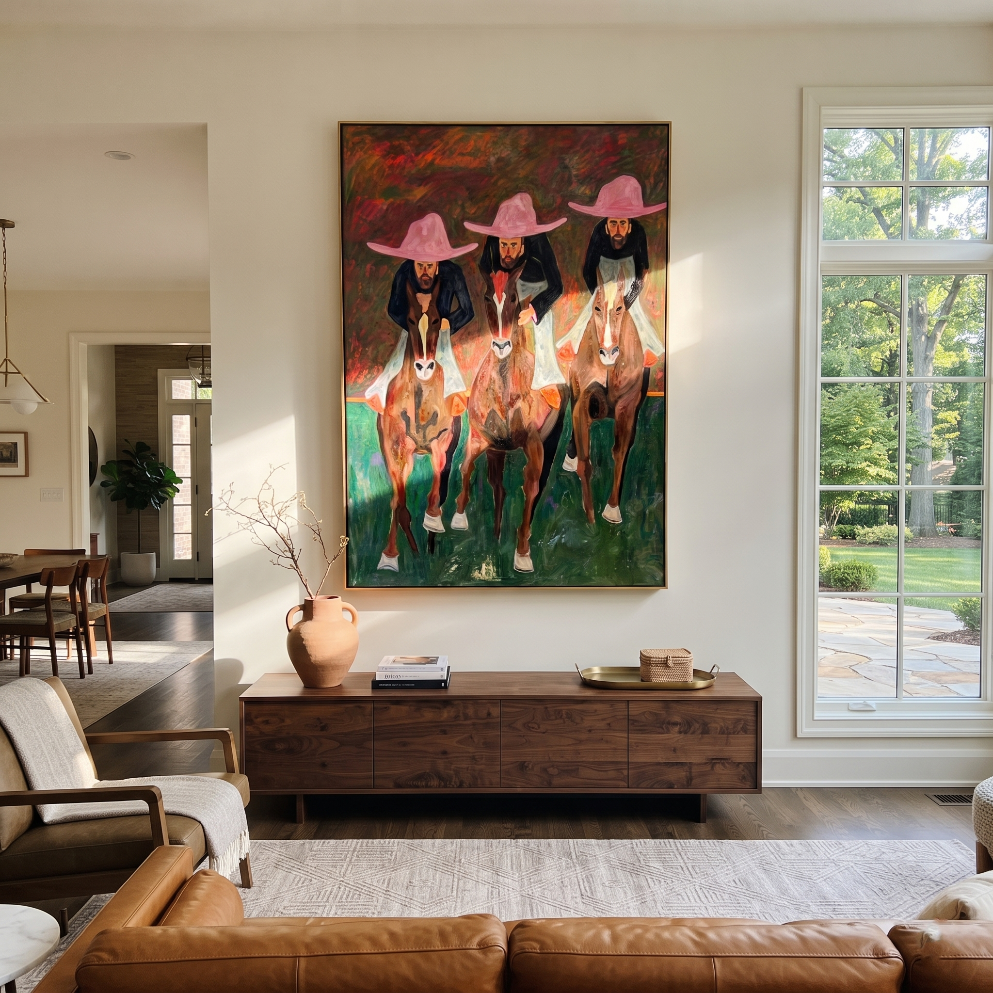 Three Riders Charge Green - three horse riders painting by Savannah Reed, modern folk art vertical wall art – styled room scene view 3